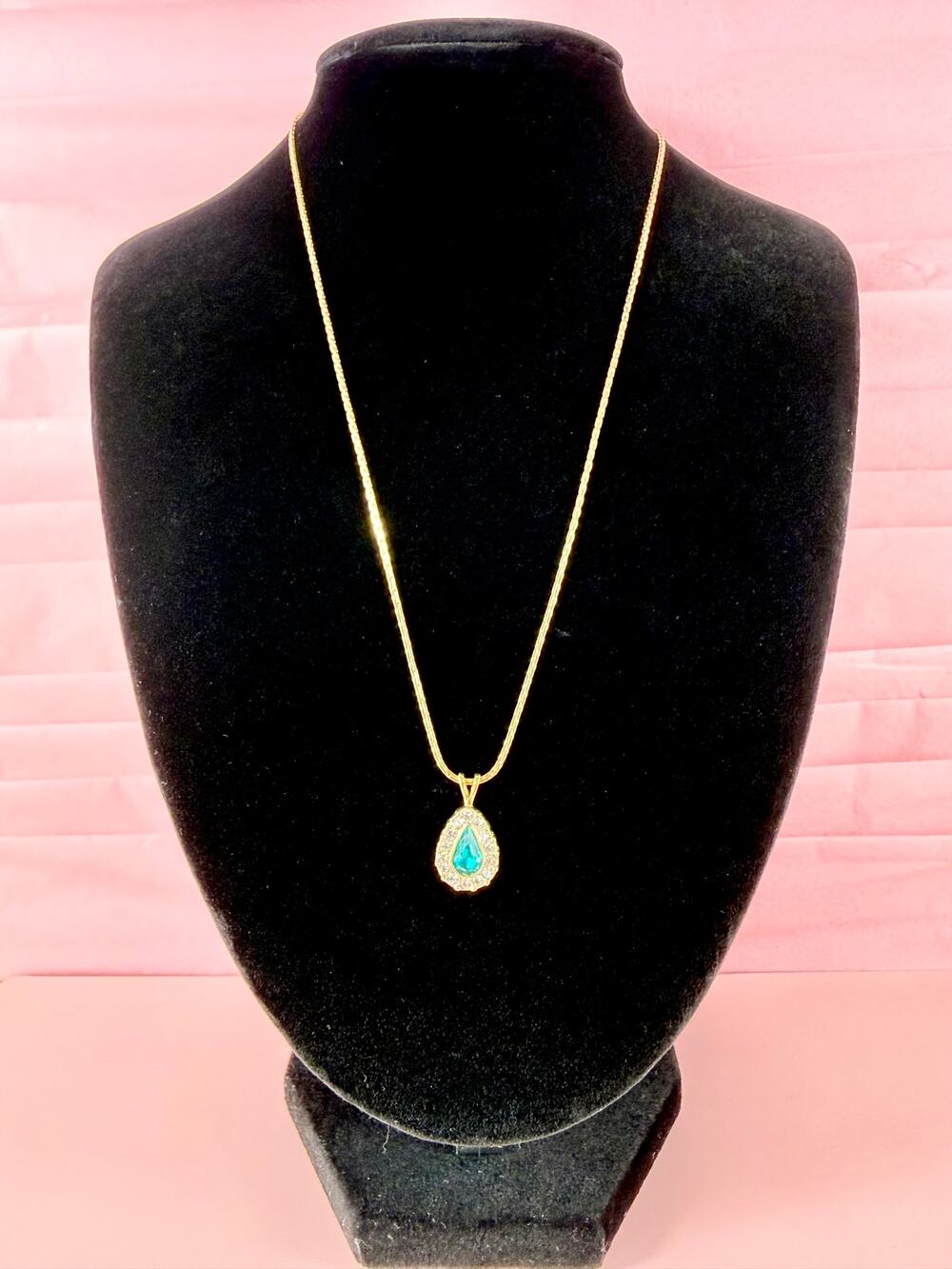 1980s Vintage Avon Tear Drop Aqua Crystal Pendant 16" Gold Tone Necklace